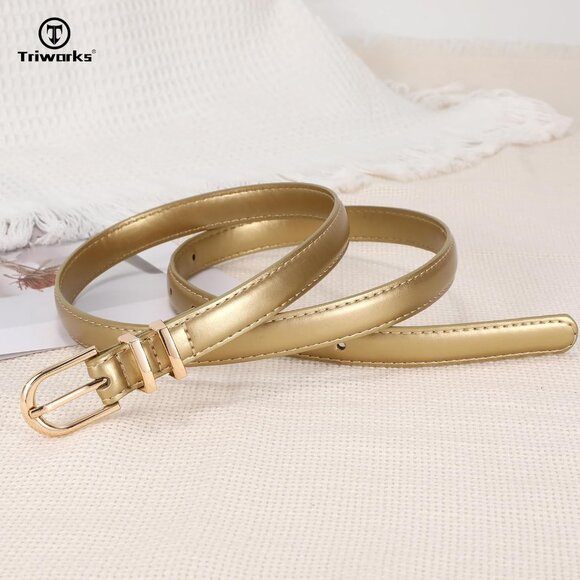 2 Pack Women\'s Skinny Leather Belts Black Gold Thin Faux with Gold Buckle